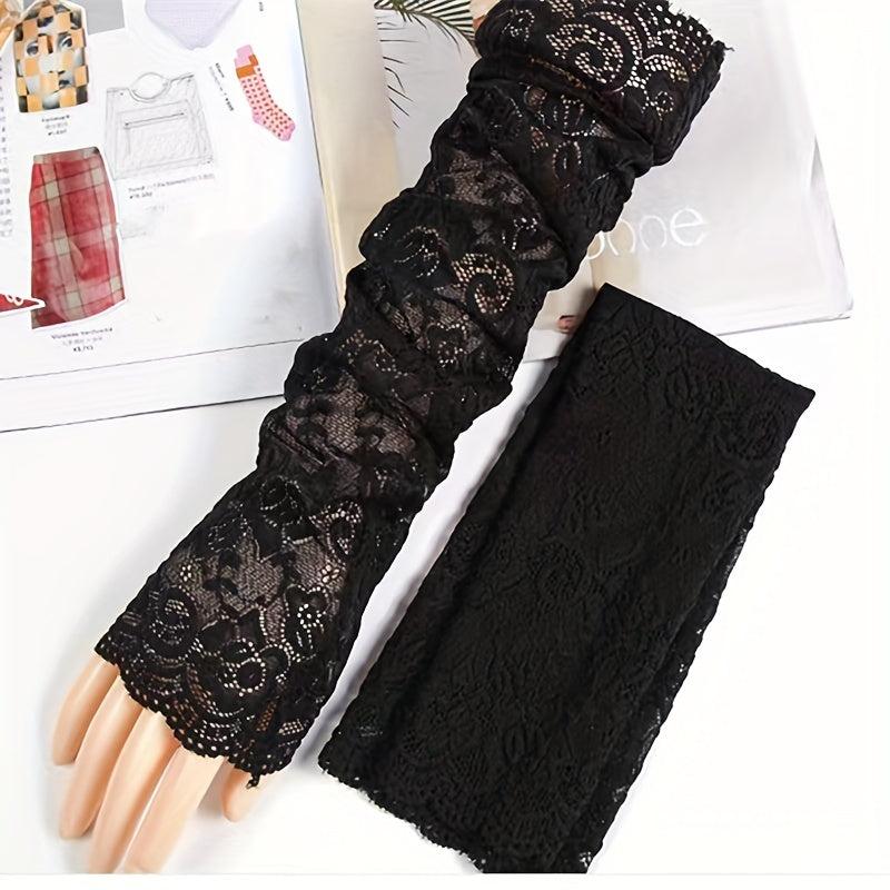 Floral Hollow Lace Gloves Women Sunscreen Fingerless Gloves
