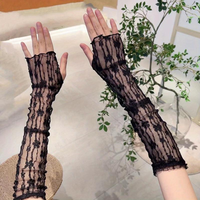 Lace Long Gloves Flower Embroidery Mesh Ruffles Women Wedding Prom Sleeves