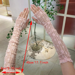 Lace Long Gloves Flower Embroidery Mesh Ruffles Women Wedding Prom Sleeves