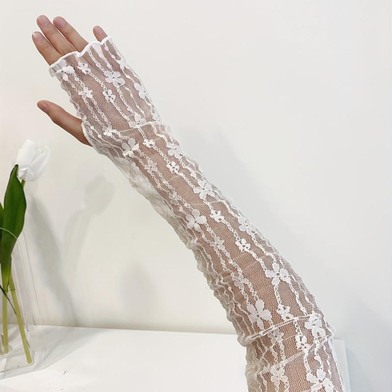 Lace Long Gloves Flower Embroidery Mesh Ruffles Women Wedding Prom Sleeves