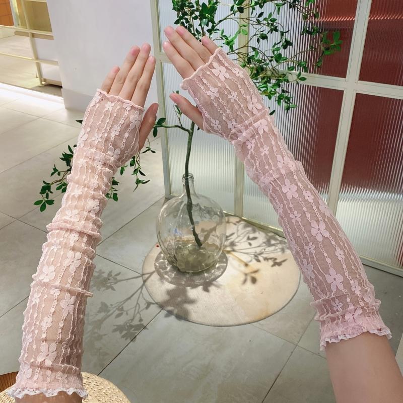 Lace Long Gloves Flower Embroidery Mesh Ruffles Women Wedding Prom Sleeves