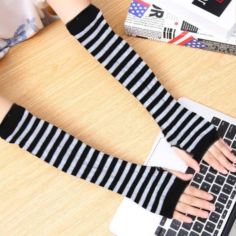 Striped Long Fingerless Gloves Arm Cover Warm Knitted Gloves Winter