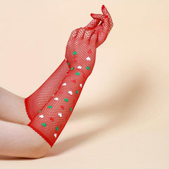 Colorful Heart Long Gloves Mesh Breathable Translucent Y2K Decorative Gloves