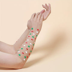 Colorful Heart Long Gloves Mesh Breathable Translucent Y2K Decorative Gloves