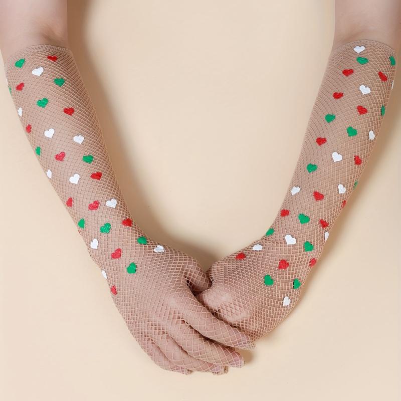 Colorful Heart Long Gloves Mesh Breathable Translucent Y2K Decorative Gloves