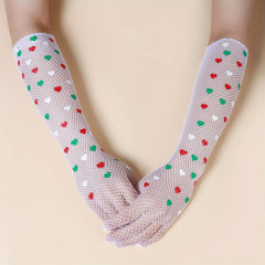 Colorful Heart Long Gloves Mesh Breathable Translucent Y2K Decorative Gloves