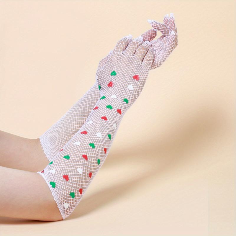 Colorful Heart Long Gloves Mesh Breathable Translucent Y2K Decorative Gloves