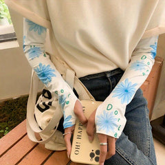 Daisy Printed Loose Sun Arm Sleeves UV Protection Long Sleeve With Thumb Hole