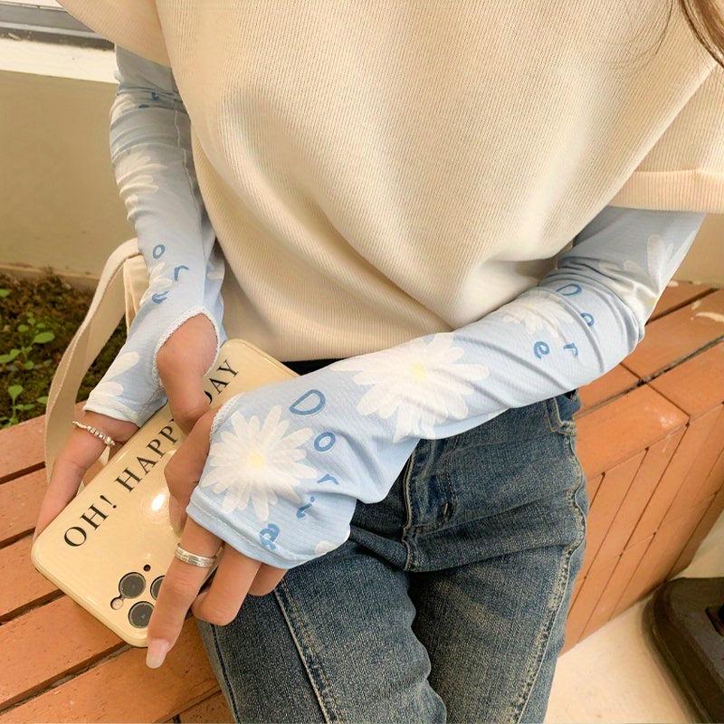 Daisy Printed Loose Sun Arm Sleeves UV Protection Long Sleeve With Thumb Hole