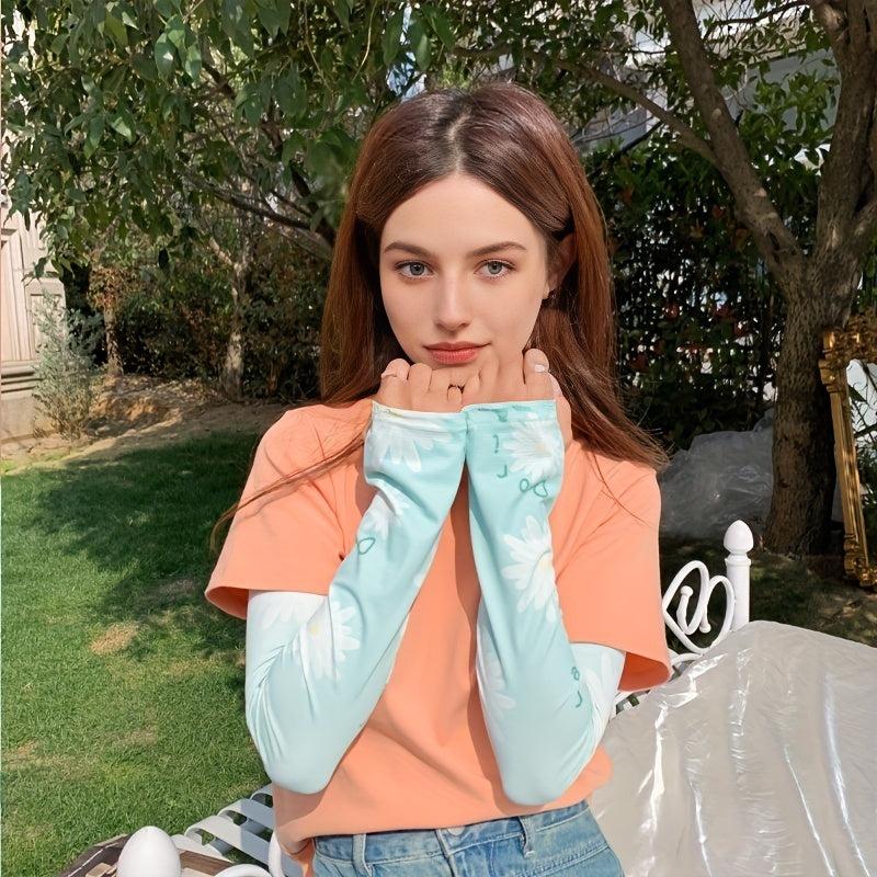 Daisy Printed Loose Sun Arm Sleeves UV Protection Long Sleeve With Thumb Hole