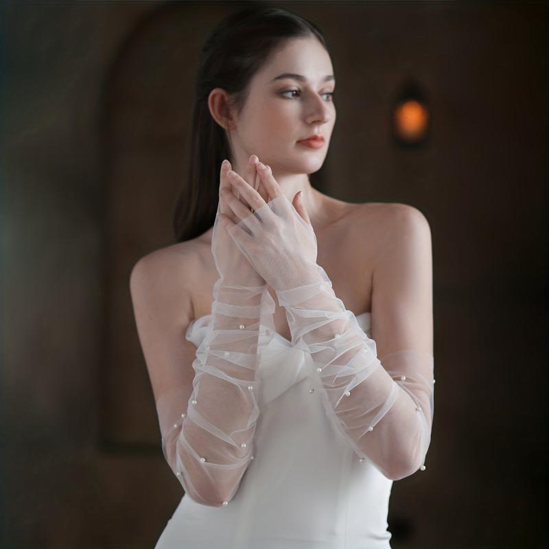Bridal Faux Pearl Yarn Sleeve Fingerless Sleeve With Thumb Hole