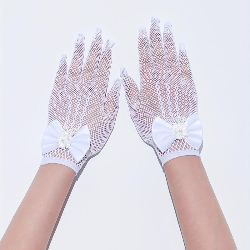 Bowknot Hollow Mesh Gloves Faux Pearl Decor Wedding Bridal Dress Gloves