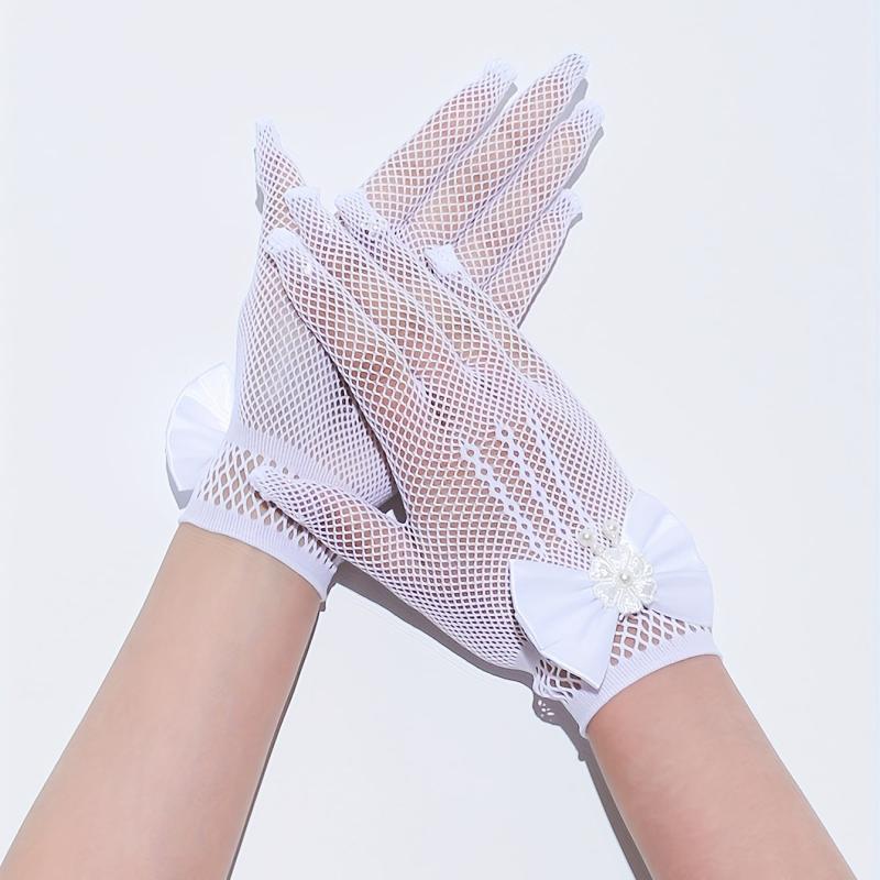 Bowknot Hollow Mesh Gloves Faux Pearl Decor Wedding Bridal Dress Gloves