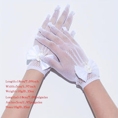 Bowknot Hollow Mesh Gloves Faux Pearl Decor Wedding Bridal Dress Gloves