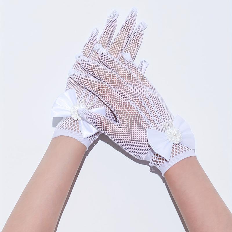 Bowknot Hollow Mesh Gloves Faux Pearl Decor Wedding Bridal Dress Gloves