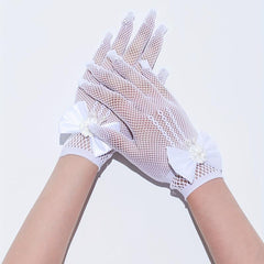 Bowknot Hollow Mesh Gloves Faux Pearl Decor Wedding Bridal Dress Gloves