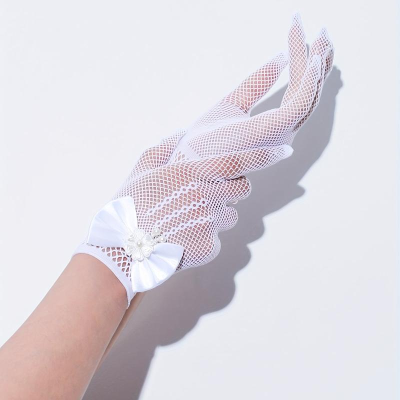 Bowknot Hollow Mesh Gloves Faux Pearl Decor Wedding Bridal Dress Gloves