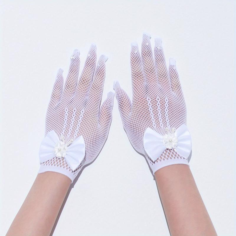 Bowknot Hollow Mesh Gloves Faux Pearl Decor Wedding Bridal Dress Gloves