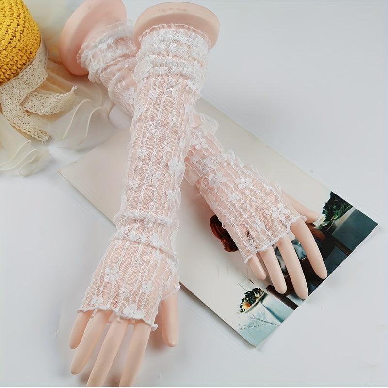 Flower Embroidery Long Sleeves Mesh Sunscreen Long Gloves