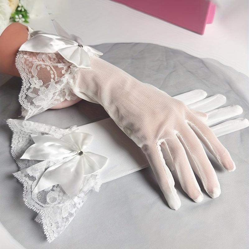 Short Bridal Lace Gloves with Bow Decoration