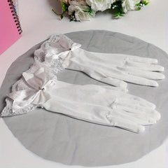 Short Bridal Lace Gloves with Bow Decoration