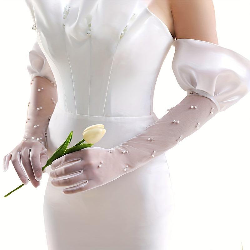 Pearl Decorated Wedding Bridal Gloves Long Yarn Gloves