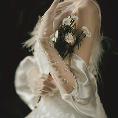 Pearl Decorated Wedding Bridal Gloves Long Yarn Gloves