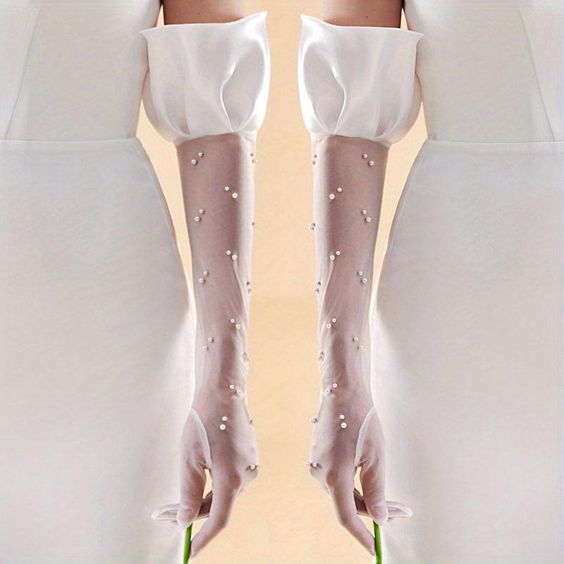 Pearl Decorated Wedding Bridal Gloves Long Yarn Gloves