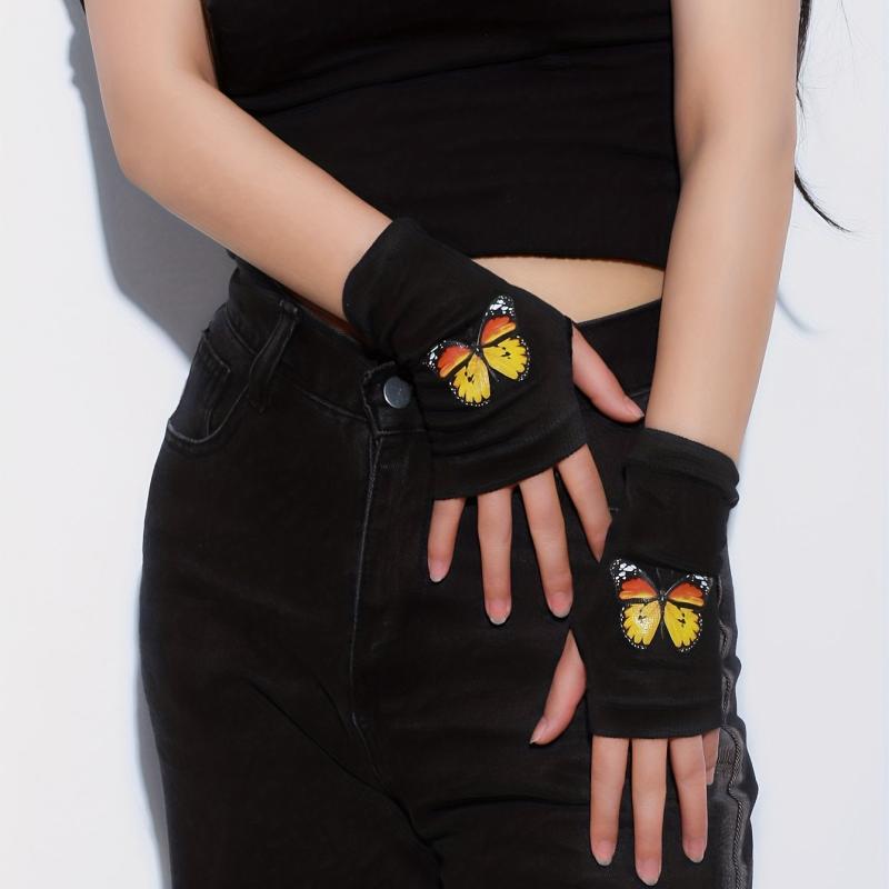 Yellow Butterfly Print Fingerless Gloves for Women