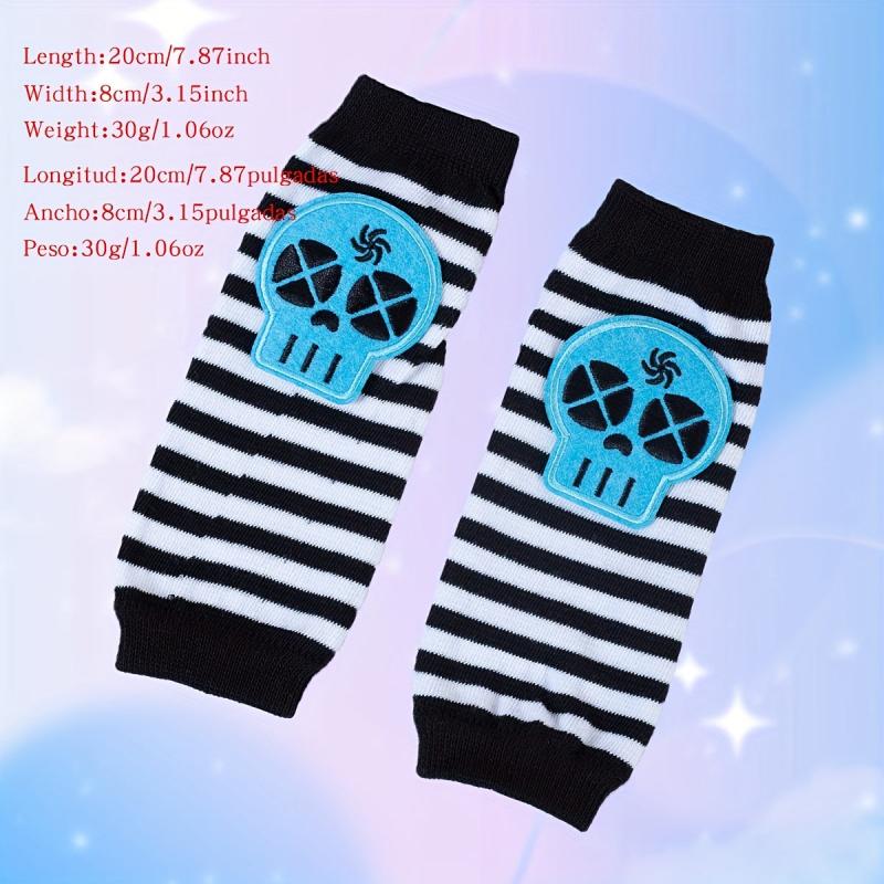 Skull Embroidered Striped Fingerless Gloves
