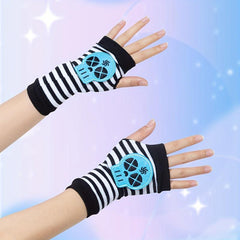 Skull Embroidered Striped Fingerless Gloves