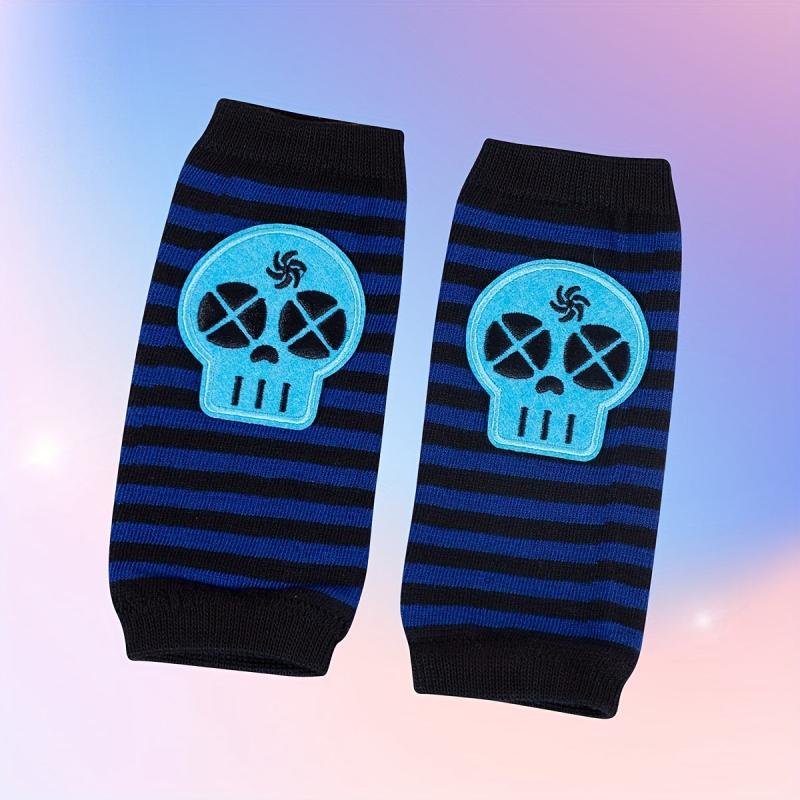 Skull Embroidered Striped Fingerless Gloves