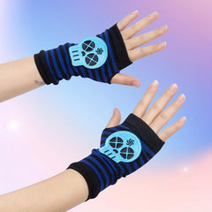 Skull Embroidered Striped Fingerless Gloves