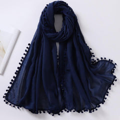 Pompom Tassel Scarf Solid Shawl Hijab Classic Turban Head Wrap