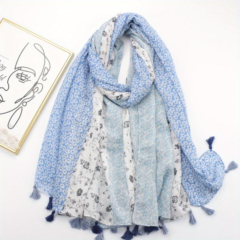 Floral Printed Tassel Scarf Stitching Pattern Shawl Women