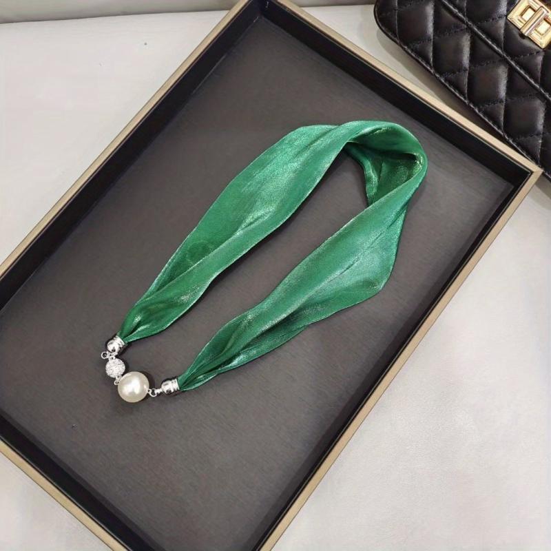 Magnetic Buckle Skinny Necklace Scarf Faux Pearl Decor Twilly Scarf