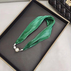 Magnetic Buckle Skinny Necklace Scarf Faux Pearl Decor Twilly Scarf