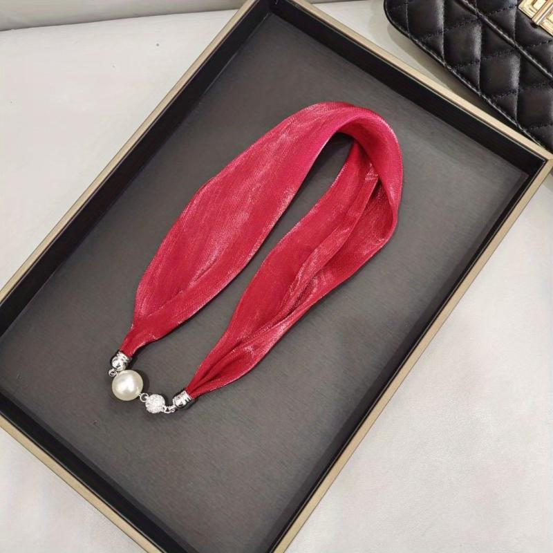 Magnetic Buckle Skinny Necklace Scarf Faux Pearl Decor Twilly Scarf
