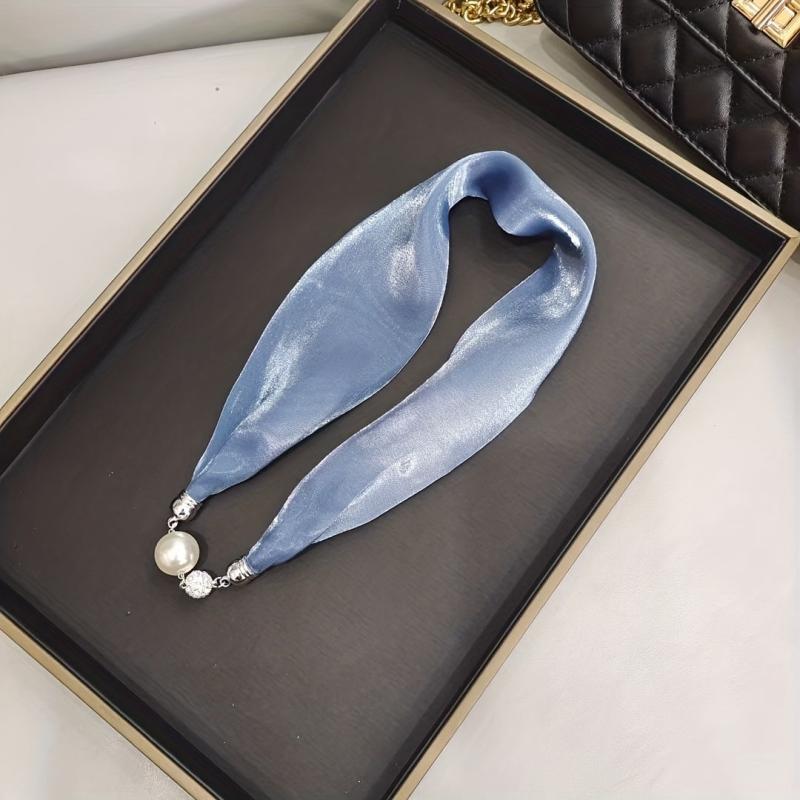 Magnetic Buckle Skinny Necklace Scarf Faux Pearl Decor Twilly Scarf