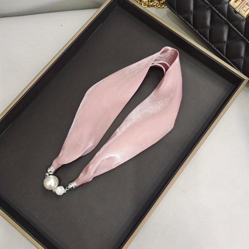 Magnetic Buckle Skinny Necklace Scarf Faux Pearl Decor Twilly Scarf