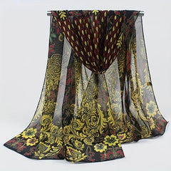 Peacock Flower Print Chiffon Scarf Sunscreen Head Wrap