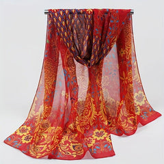 Peacock Flower Print Chiffon Scarf Sunscreen Head Wrap
