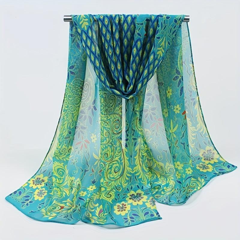 Peacock Flower Print Chiffon Scarf Sunscreen Head Wrap
