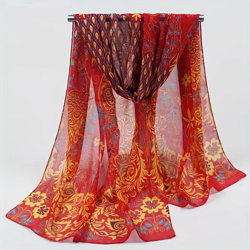 Peacock Flower Print Chiffon Scarf Sunscreen Head Wrap