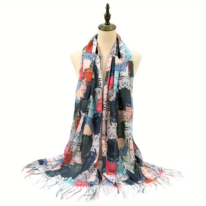 Colorful Cat Print Tassel Scarf Cartoon Shawl Casual Windproof Head Wrap
