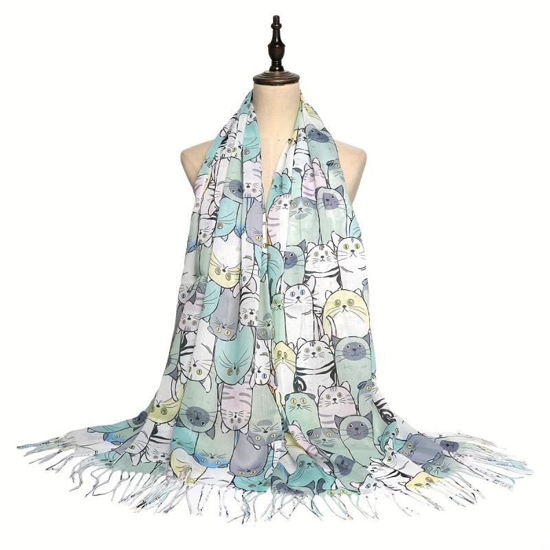 Colorful Cat Print Tassel Scarf Cartoon Shawl Casual Windproof Head Wrap