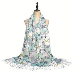Colorful Cat Print Tassel Scarf Cartoon Shawl Casual Windproof Head Wrap