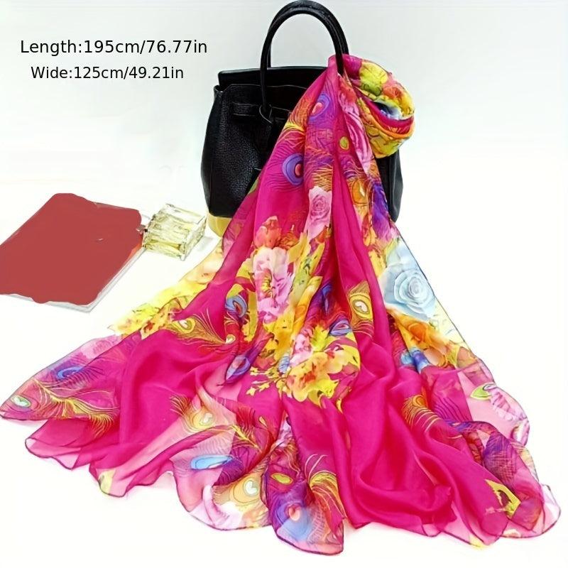 Peacock Feather Print Chiffon Scarf Oversized Shawl Thin Silk Head Wrap Women