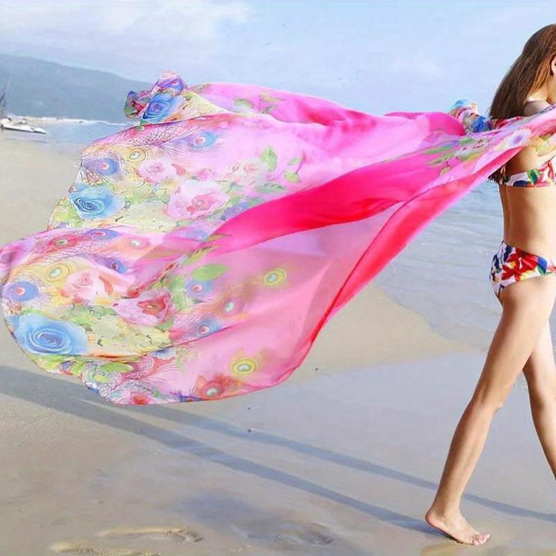 Peacock Feather Print Chiffon Scarf Oversized Shawl Thin Silk Head Wrap Women