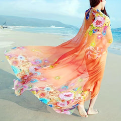 Peacock Feather Print Chiffon Scarf Oversized Shawl Thin Silk Head Wrap Women